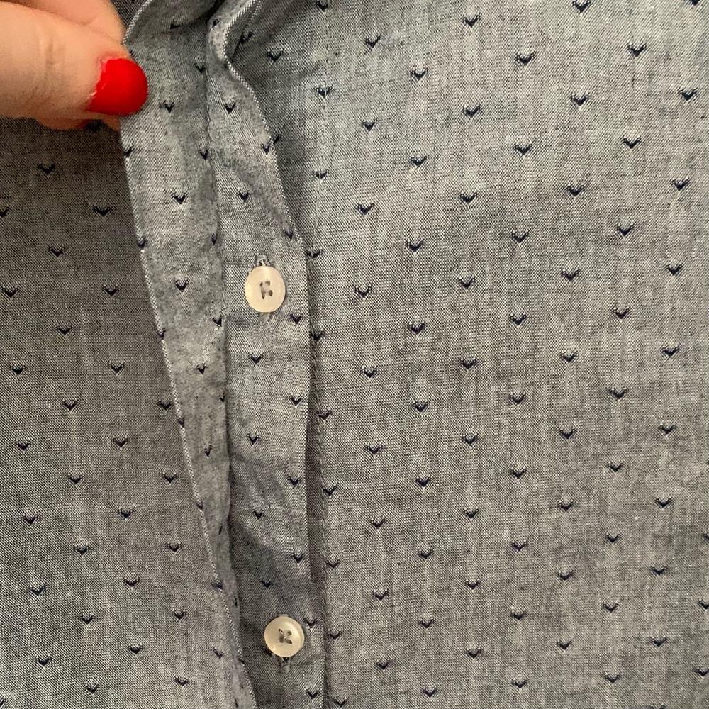 Chambray Patterned Ruffled Prairie Blouse, Size Large - Picture 6 of 12